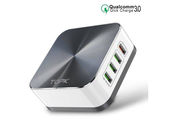 TOPK - USB hub - 8x USB indgange - - QC Quickcharge 3.0 - Hvid/Sølv