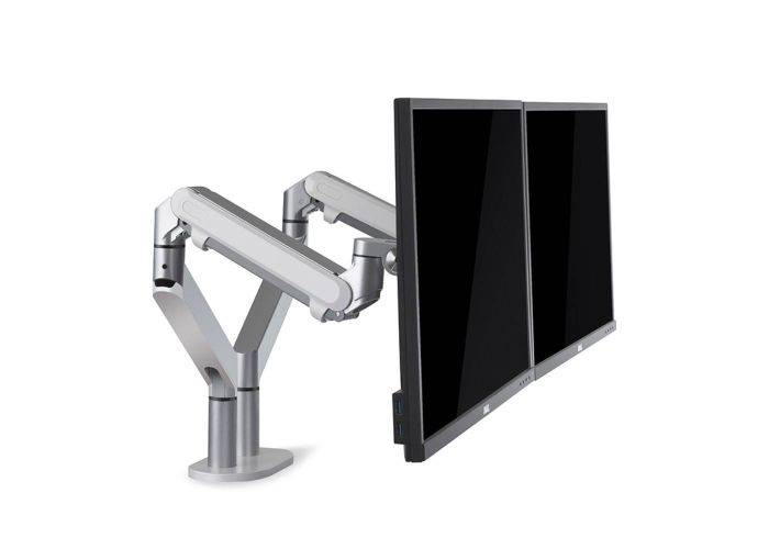 WERGON - Alma - Justerbar dubbelskärmsarm med gasfjädrar - Monitorskärmar Max 27" - Silver