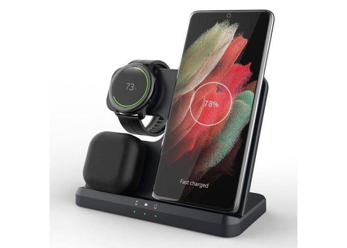 Q10B 3-i-1 trådlös 15W laddare för smartphone / Galaxy Watch / Airbuds / Galaxy Buds - Svart
