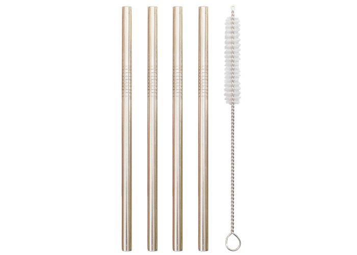 Mini sugrör i rostfritt stål (4 st.) Inklusive borste för rengöring - Återanvändbar & Miljövänlig - Silver
