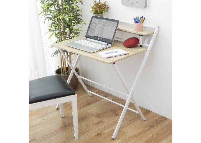 Vikbara skrivbord med hylla - MDF + stål - storlek 84 x 97 x 60 - Ljus bok